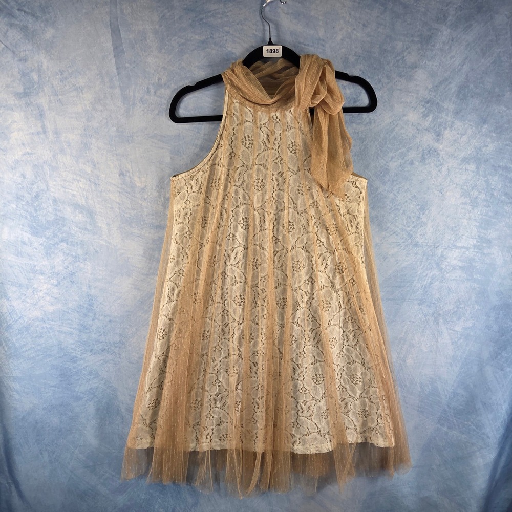 Ryu Women Ivory Floral Lace Halter Dress Tan Tulle Overlay Bow Neck Small